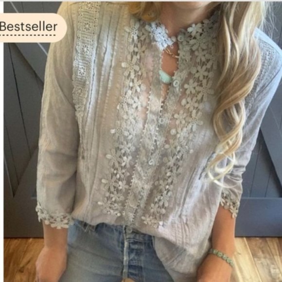 New Bohemian Grey Lace 3/4 Sleeve Button Front Floral Romantic Blouse Top - Picture 8 of 10
